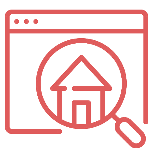 Icon website Find Home magnifier magnifying find house RED